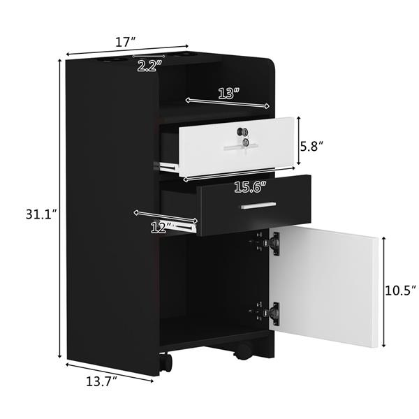 Salon Wood Rolling Drawer Cabinet Trolley Spa 3-layer Cabinet Equipment with A Lock Black & White