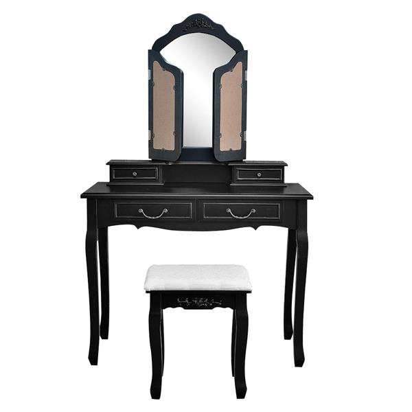 Tri-fold Mirror Dresser with Dressing Stool Black