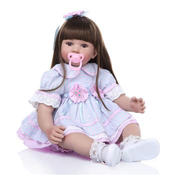 24\\" Beautiful Simulation Baby Long Hair Girl Wearing Blue Purple Plaid Skirt Doll