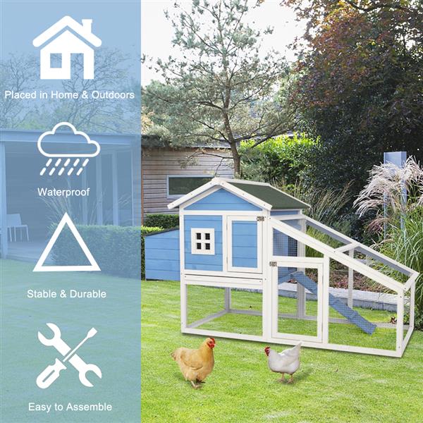69" Wooden Chicken Hutch Hen Coop Habitat Pigeon House with Egg Case & Tray & Running Cage Blue Part B