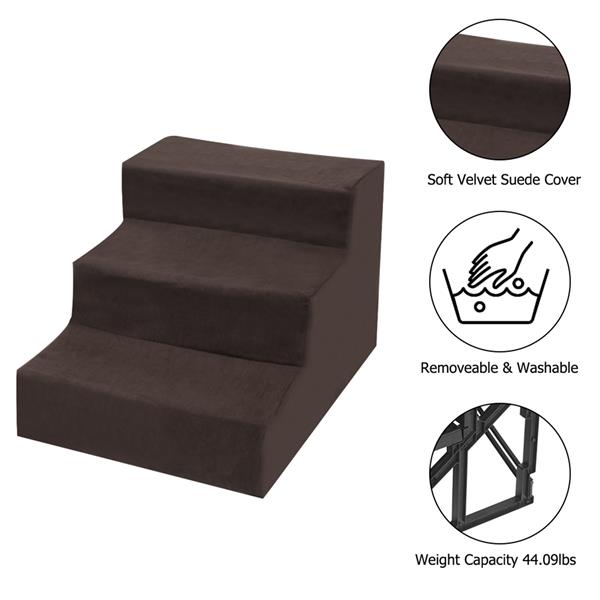 3 Step Velvet Suede Pet Stairs Pet Step Stairs Cat Dog Brown