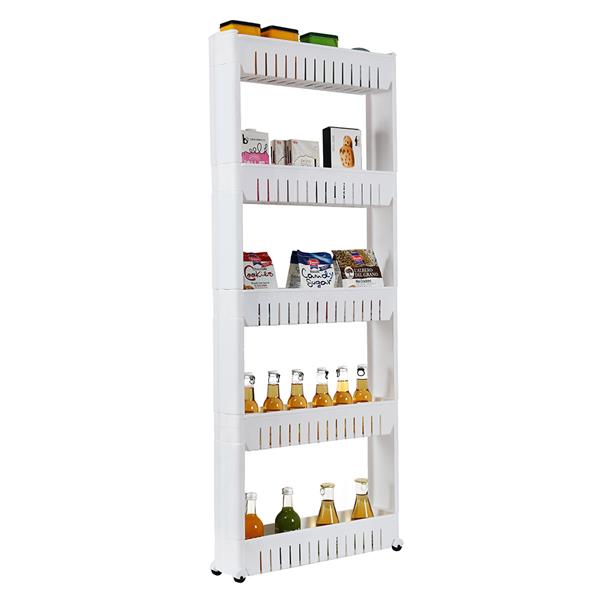5 Tier Mobile Shelving Unit Organizer Slide Out Storage Tower Slim Storage Tower Rack with Wheels Pull Out Pantry Shelves Cart for Kitchen Bath Room Narrow Spaces-White