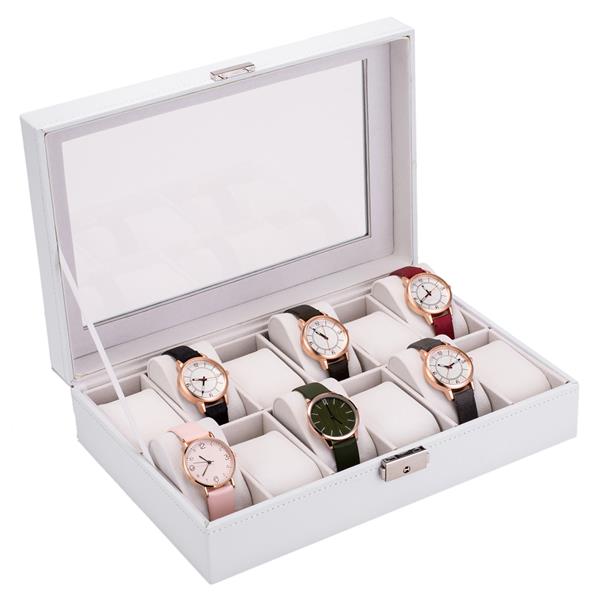 Watch Box 12 Slots Watch Case for Men Women Leather Watch Organizer Holder Display Storage Case with Glass Lid White