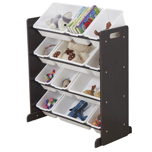 Kids' Toy Storage Organizer with 12 Plastic Bins, Espresso / White