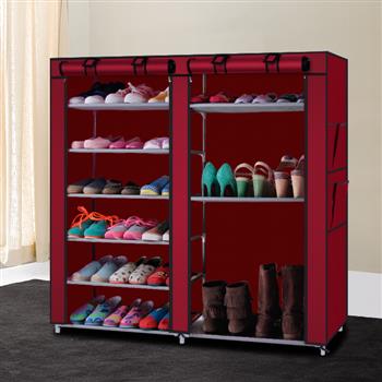 6-Row 2-Line 12 Lattices Non-woven <b style=\\'color:red\\'>Fabric</b> Shoe Rack Wine Red