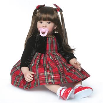 24\\" Beautiful Simulation Baby Long-Haired Girl Wearing a Christmas Plaid Skirt Doll