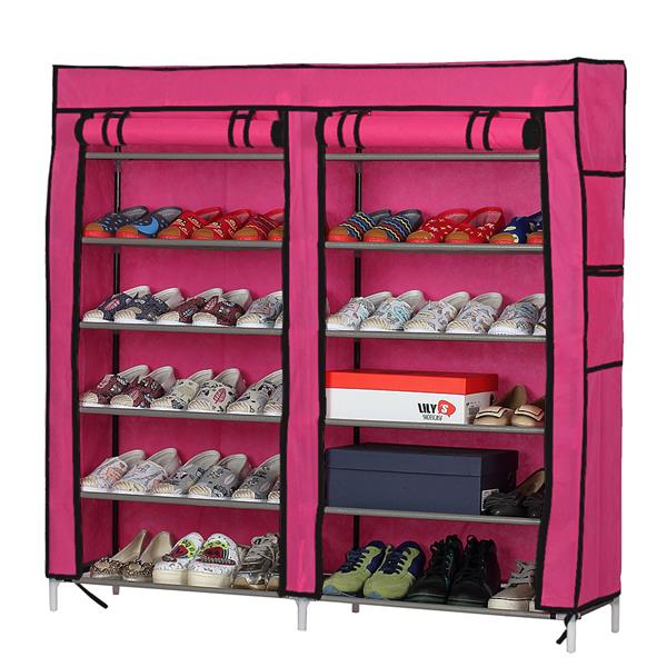 Fashionable Room-saving 12 Lattices Dual Rows Non-woven Fabric Shoe Rack Rose Red