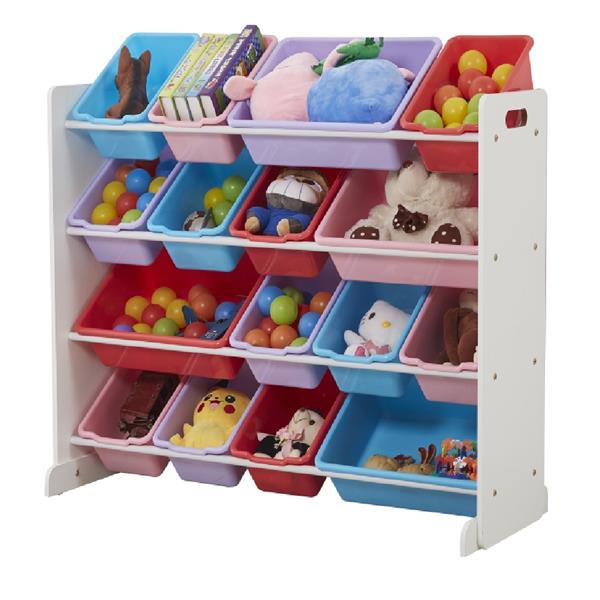 Wooden Kids' Toy Storage Organizer with 16 Plastic Bins,X-Large, White / Blue / Pink / Purple