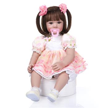24\\" Beautiful Simulation Baby Short Hair Girl Doll Wearing Pink Print Gauze