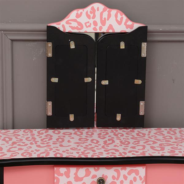Three-Fold Mirror Single Drawer Arc Feet Children Dresser Red Leopard Print