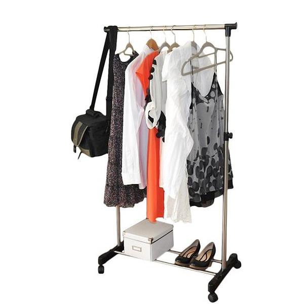 Single-bar Vertical & Horizontal Stretching Stand Clothes Rack with Shoe Shelf YJ-01 Black & Silver