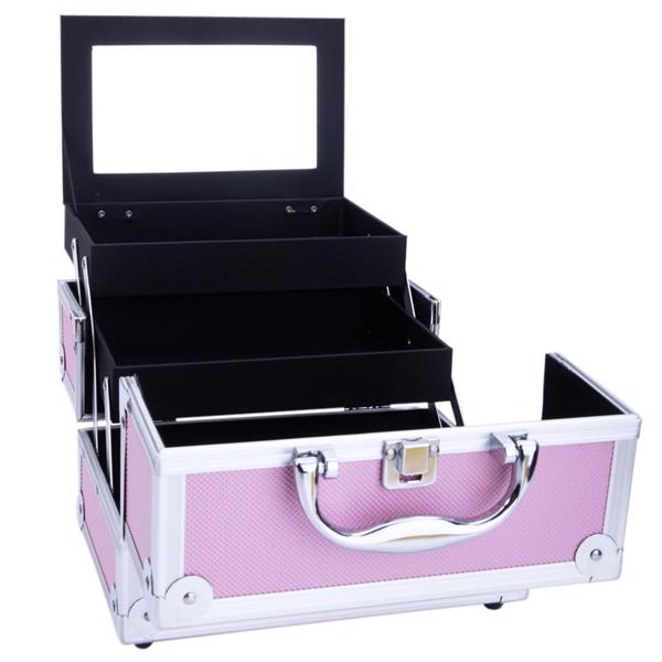 SM-2176 Aluminum Makeup Train Case Jewelry Box Cosmetic Organizer with Mirror 9"x6"x6" Pink