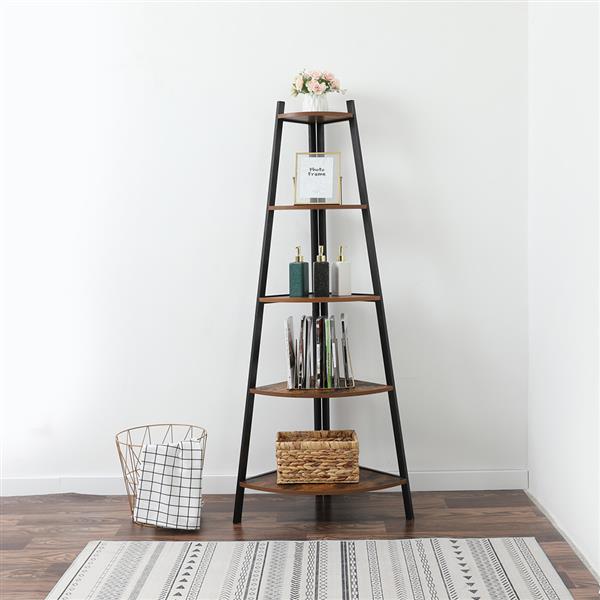 Industrial Corner Ladder Shelf, 5 Tier Bookcase A-Shaped Utility Display Organizer Plant Flower Stand Storage Rack, Wood Look Accent Metal Frame Furniture Home Office