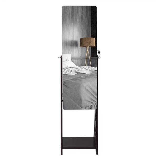 Full Mirror Wooden Floor Standing 3-Layer Shelf, 4 Drawers, 8 Blue LED Lights, Jewelry Storage, Adjustable Arc Mirror Cabinet - Dark Brown