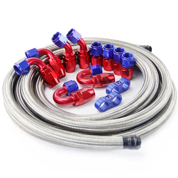 Universal 15ft AN-8 Silver Nylon Braided Hose with 10pcs Red & Blue Hose Ends and 2pcs Hose Separato