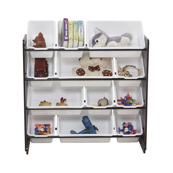 Kids' Toy Storage Organizer with 12 Plastic Bins, Espresso / White