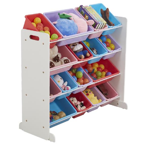 Wooden Kids' Toy Storage Organizer with 16 Plastic Bins,X-Large, White / Blue / Pink / Purple