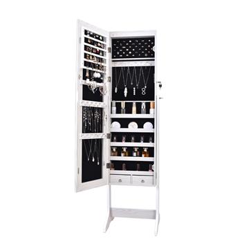 Full Mirror Makeup Mirror Cabinet 2 Drawers 5 Layers Storage Cabinet Solid Wood Pattern Covered I-Shaped Base Floor Jewelry   Mirror Cabinet White (Including Led)