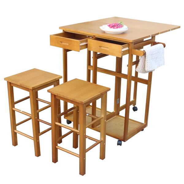 Square Solid Wood Folding Dining Cart with 2 Free Stools Brown