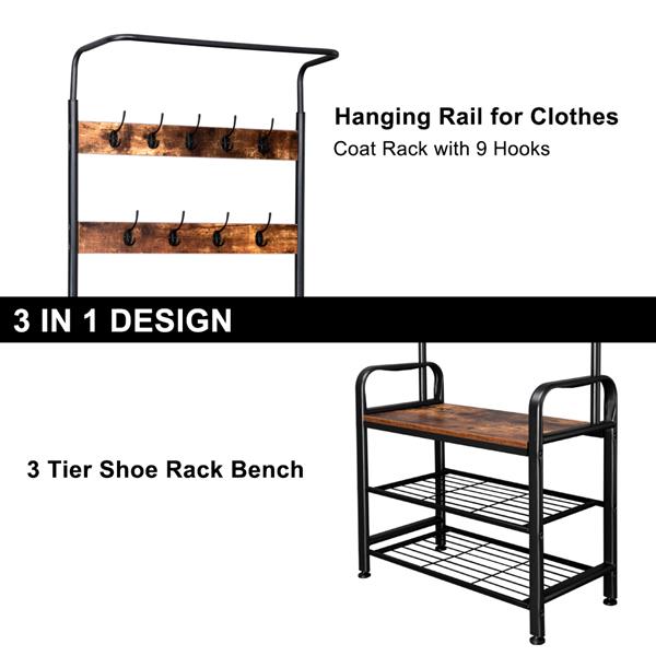 Industrial Vintage Coat Rack Shoe Bench, Hall Tree Entryway Storage Shelf, 3 in 1 Design