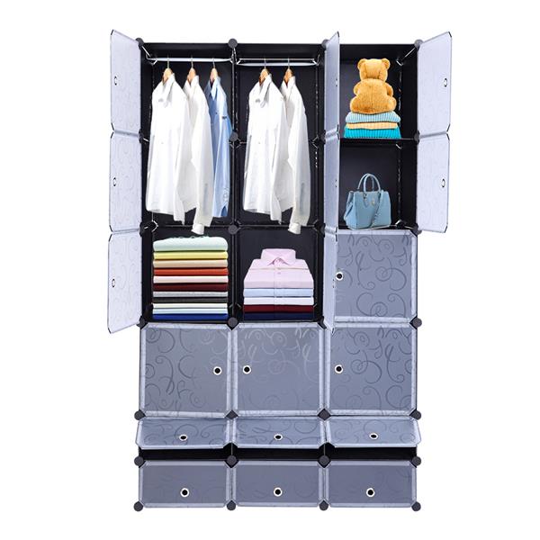 18-Cube DIY Modular Cubby Shelving Storage Organizer Extra Large Wardrobe with Clothes Rod