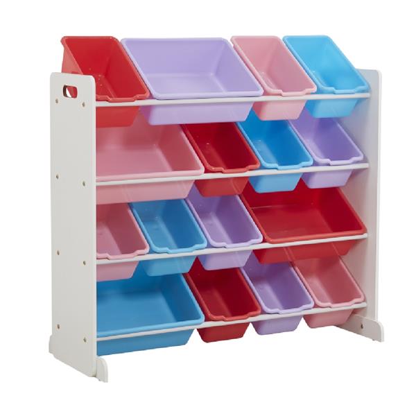 Wooden Kids' Toy Storage Organizer with 16 Plastic Bins,X-Large, White / Blue / Pink / Purple