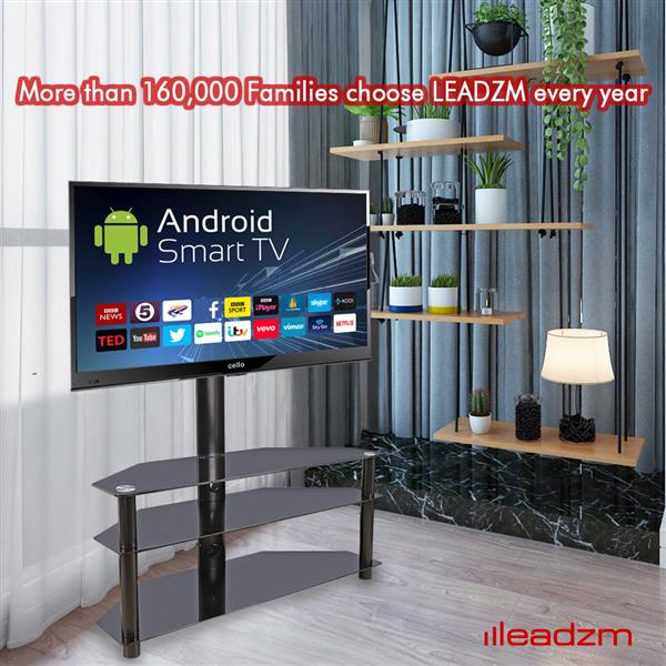 TSG002 32-65" Corner Floor TV Stand with Swivel Bracket 3-Tier Tempered Glass Shelves