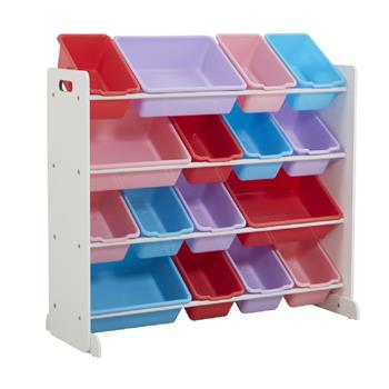 Wooden Kids\\' Toy Storage Organizer with 16 Plastic Bins,X-Large, White / Blue / Pink / Purple