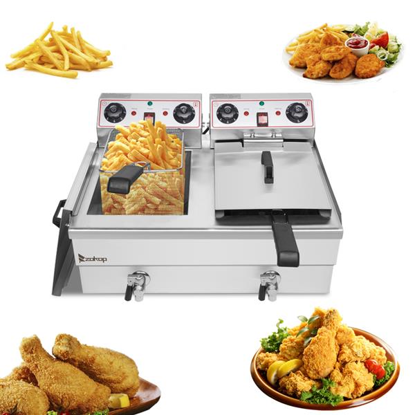 EH102V 220V-240V Total Capacity 24.9QT/23.6L Stainless Steel Faucet Double Tank Deep Fryer 6000W MAX (Big Blue/Large Handle)