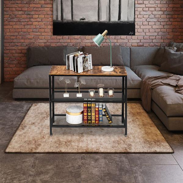 HODELY Modern Industrial Wood Grain 3 Floors 40-Inch Rectangle Wrought Iron Sofa Table