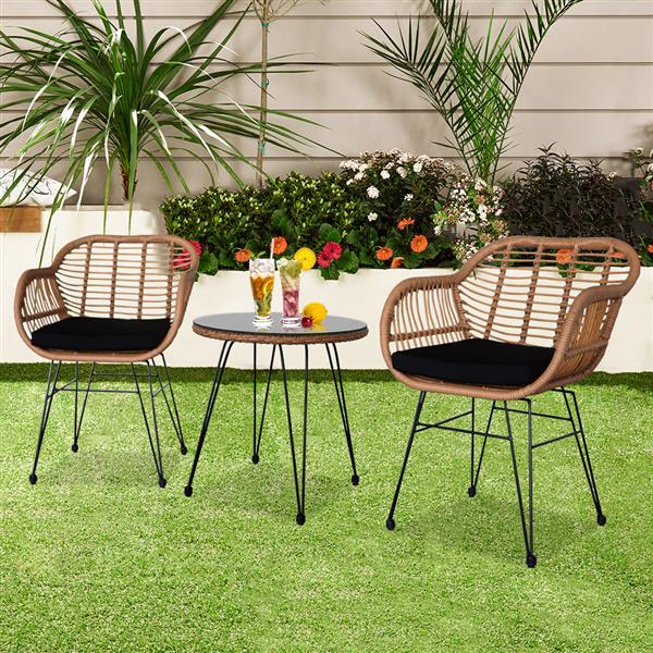 3 pcs Wicker Rattan Patio Conversation Set with Tempered Glass Table  Flaxen Yellow