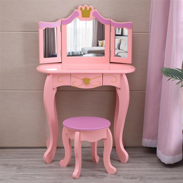 Children's Three Mirror Single-Drawing Curved Foot Dresser Pink