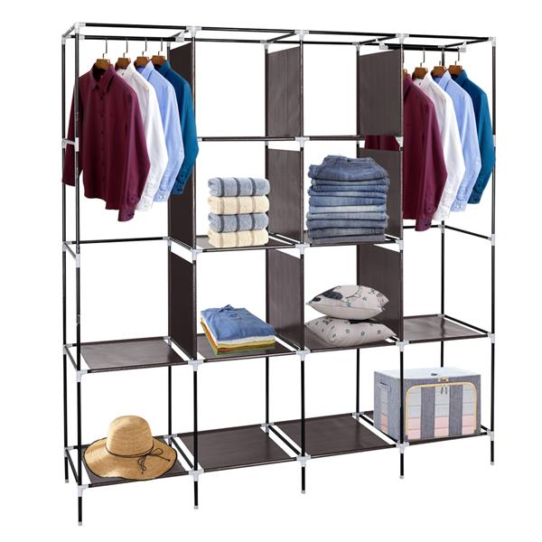 67" Clothes Closet Portable Wardrobe Clothes Storage Rack 12 Shelves 4 Side Pockets Dark Brown 
