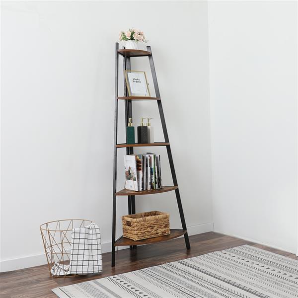 Industrial Corner Ladder Shelf, 5 Tier Bookcase A-Shaped Utility Display Organizer Plant Flower Stand Storage Rack, Wood Look Accent Metal Frame Furniture Home Office