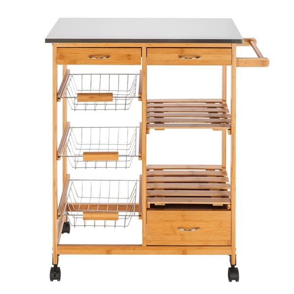 Moveable Kitchen Cart with Stainless Steel Table Top & Three Drawers & Three Baskets Burlywood