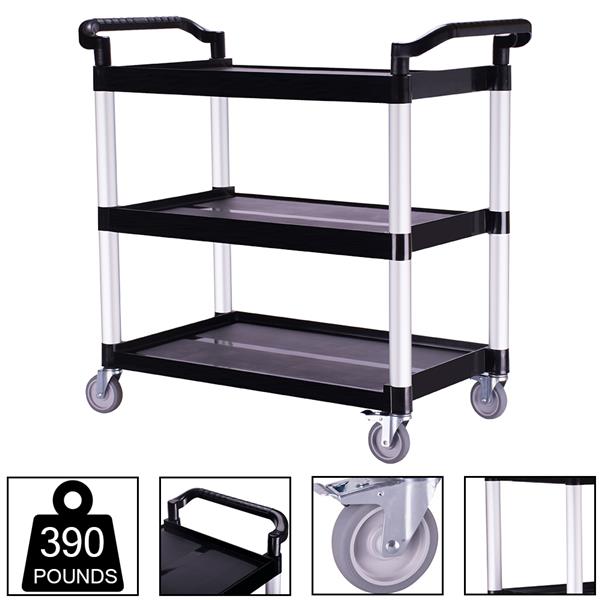 Heavy Duty 3-Shelf Rolling Service / Utility / Push Cart, 390 lbs. Capacity, Black, for Foodservice / Restaurant / Cleaning