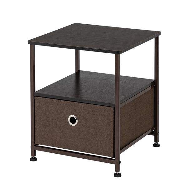 Nightstand 1-Drawer Shelf Storage- Bedside Furniture & Accent End Table Chest For Home, Bedroom, Office, College Dorm, Steel Frame, Wood Top, Easy Pull Fabric Bins Brown