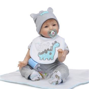 NPK 22\\" Silicone Lovely Baby Doll with Dinosaur Shape Bib Gray Clothes
