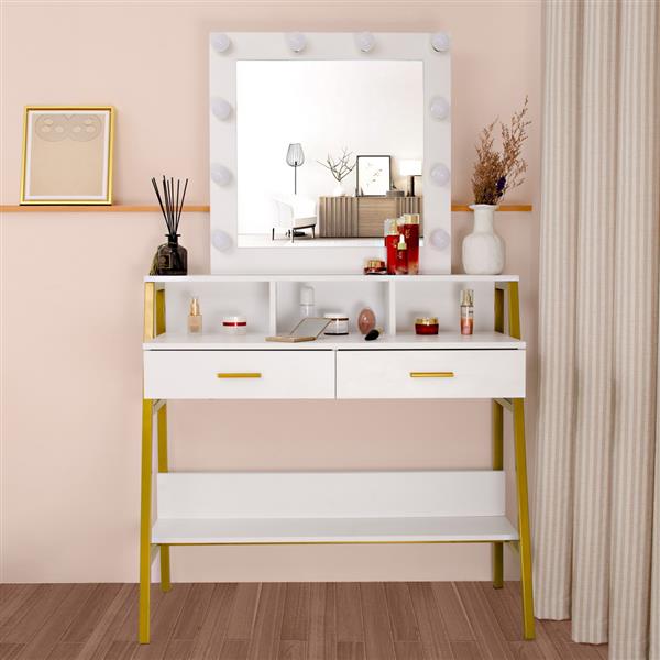 Single Mirror With 2 Drawers, With Shelf With Light Bulb, Steel Frame Dressing Table White