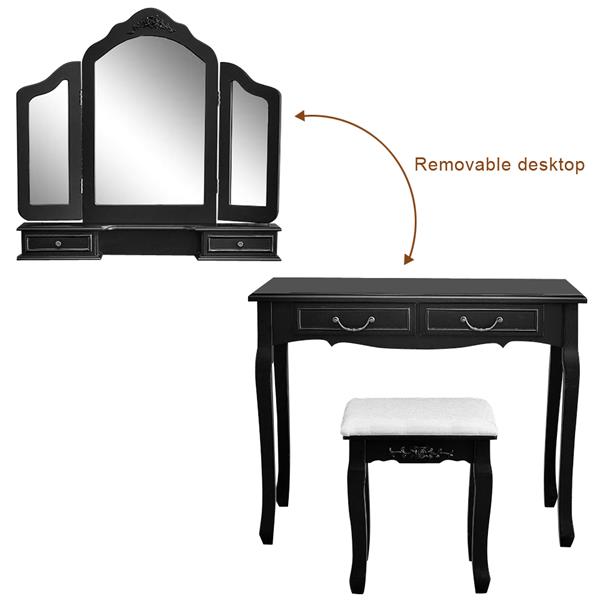 Tri-fold Mirror Dresser with Dressing Stool Black