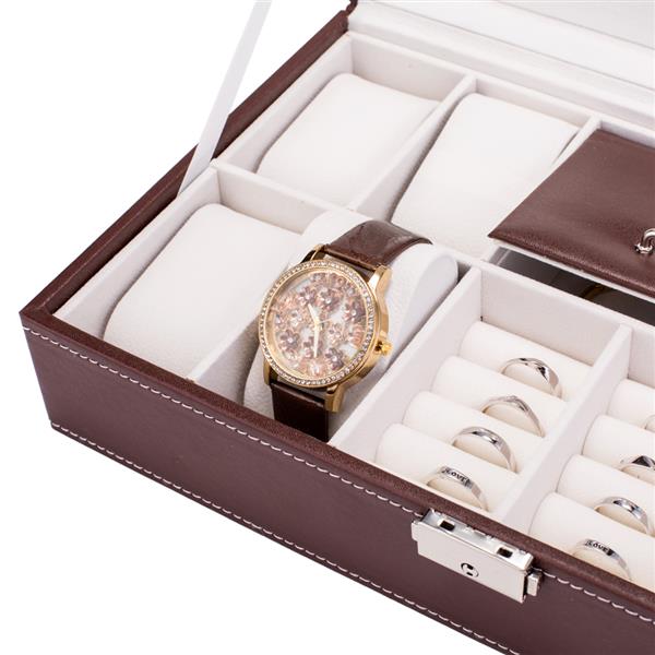 Jewelry Box 8 Slots Watch Organizer Storage Case with Lock and Mirror for Men Women Brown