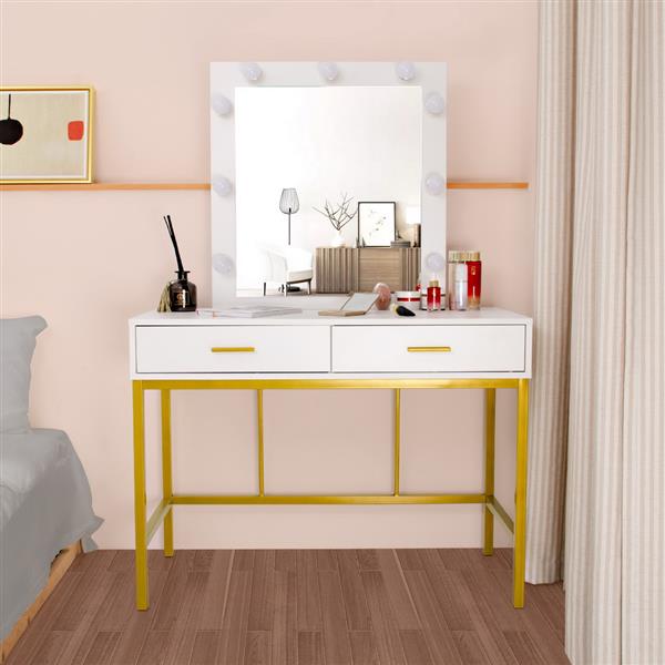 Single Mirror With 2 Drawers And Light Bulbs, Steel Frame Dressing Table White