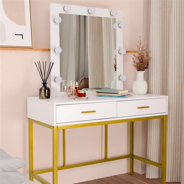 Single Mirror With 2 Drawers And Light Bulbs, Steel Frame Dressing Table White