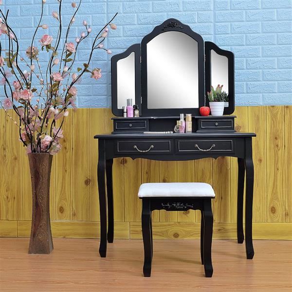 Tri-fold Mirror Dresser with Dressing Stool Black