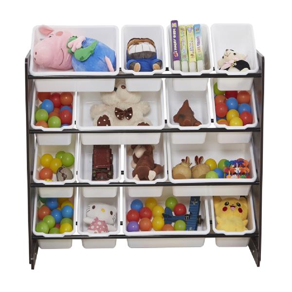 Wooden Kids' Toy Storage Organizer with 16 Plastic Bins,X-Large, Espresso / White