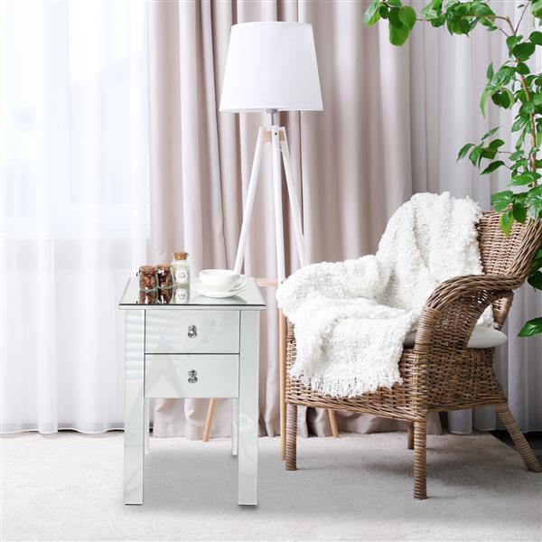 Modern and Contemporary Mirrored 2-Drawers Nightstand Bedside Table Silver