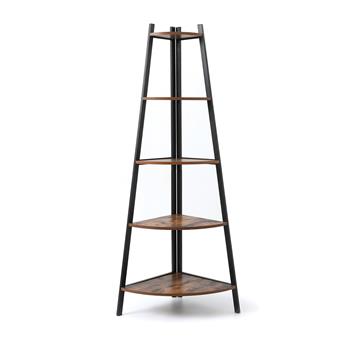 Industrial Corner Ladder Shelf, 5 Tier Bookcase A-Shaped Utility Display Organizer Plant Flower Stand Storage Rack, Wood Look Accent Metal Frame Furniture Home Office