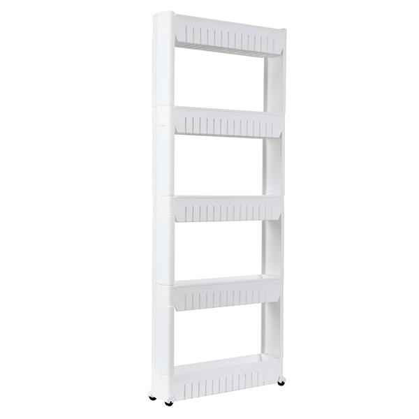 5 Tier Mobile Shelving Unit Organizer Slide Out Storage Tower Slim Storage Tower Rack with Wheels Pull Out Pantry Shelves Cart for Kitchen Bath Room Narrow Spaces-White