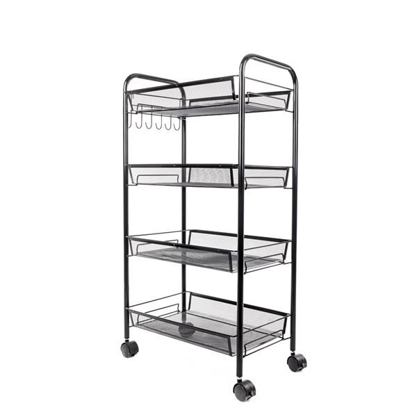 Exquisite Honeycomb Net Four Tiers Storage Cart with Hook Black