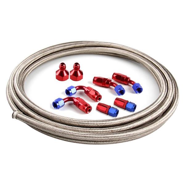 Universal 12ft AN-6 Silver Nylon Braided Hose with 6pcs Red & Blue Hose Ends and 2pcs AN-6 to AN-10 